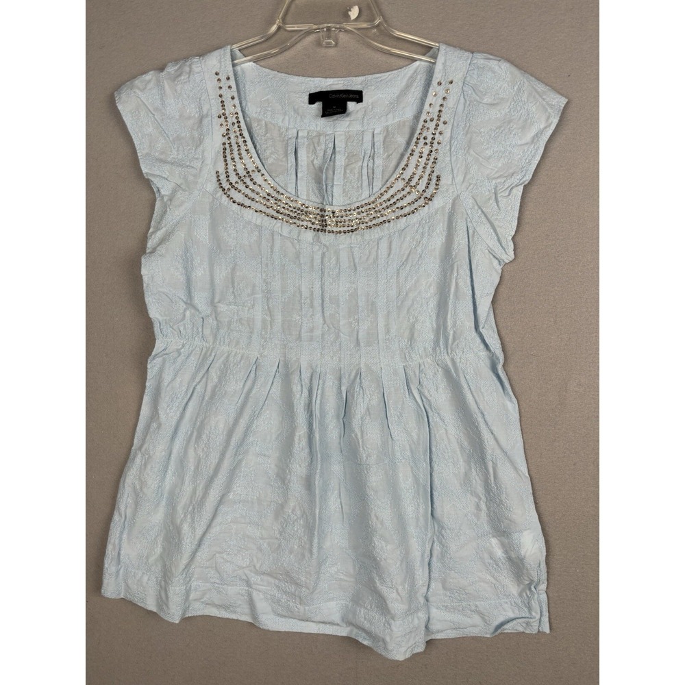 Calvin Klein Women's Blouse Medium Blue Top Sequins Pullover 3287
